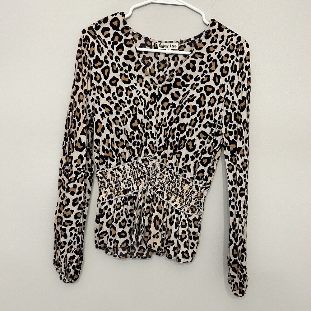 Gypsy Love Blouse Womens Small Tan Leopard Smocked Peplum V-Neck Long Sleeve Top